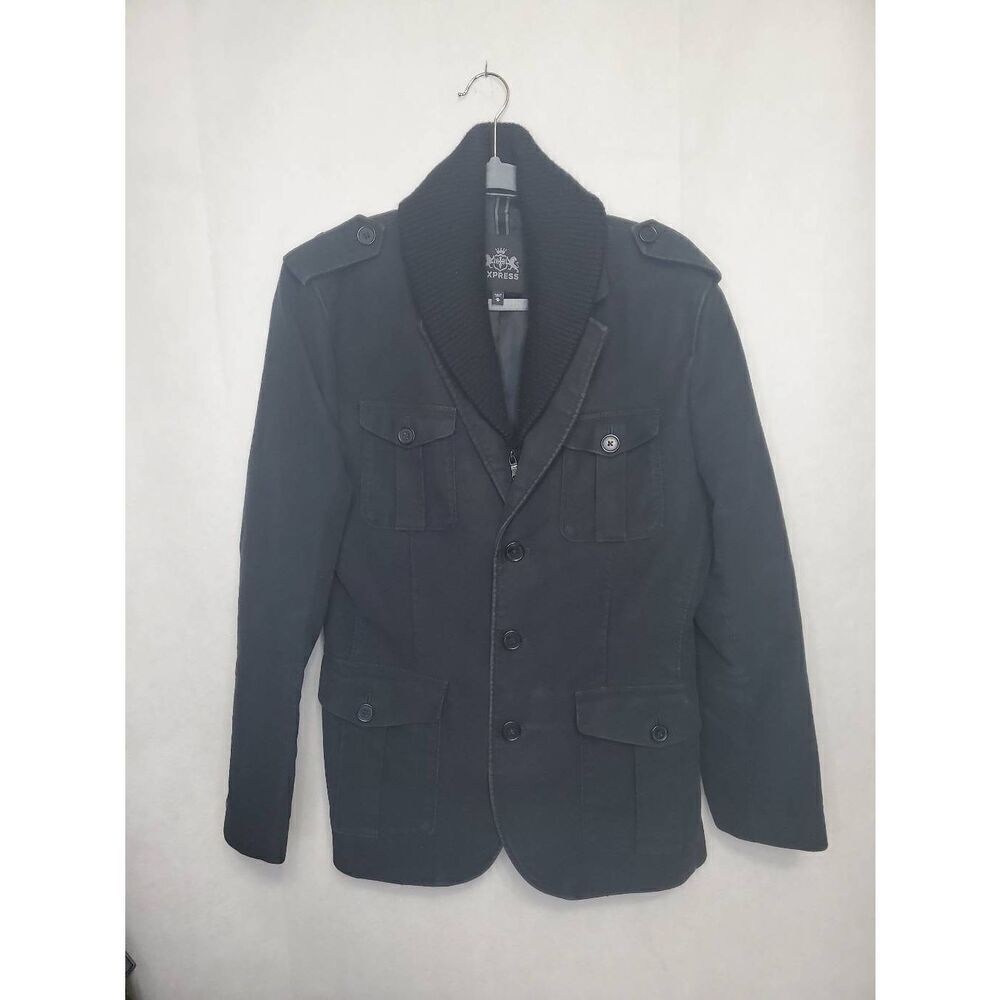 Express Men's Y2K Washed Black Military Inspired Heavy 2 in 1 Sweater Coat